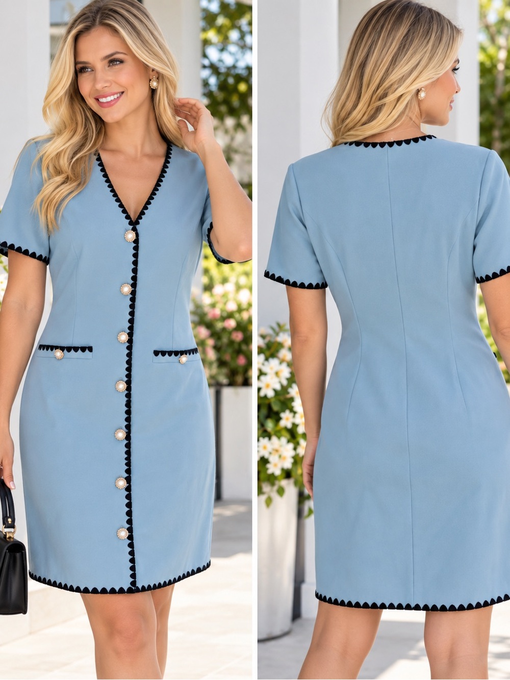 Alexia Admor Powder Blue Shift Dress with Black Trim